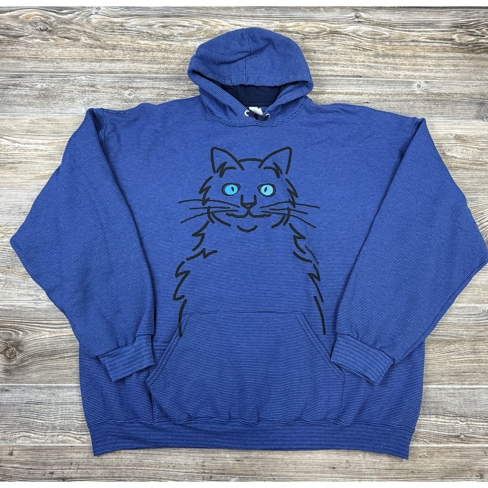 Marushka CAT HOODIE Royal Blue Graphic Hand Printed Sweatshirt Adult Size 2XL